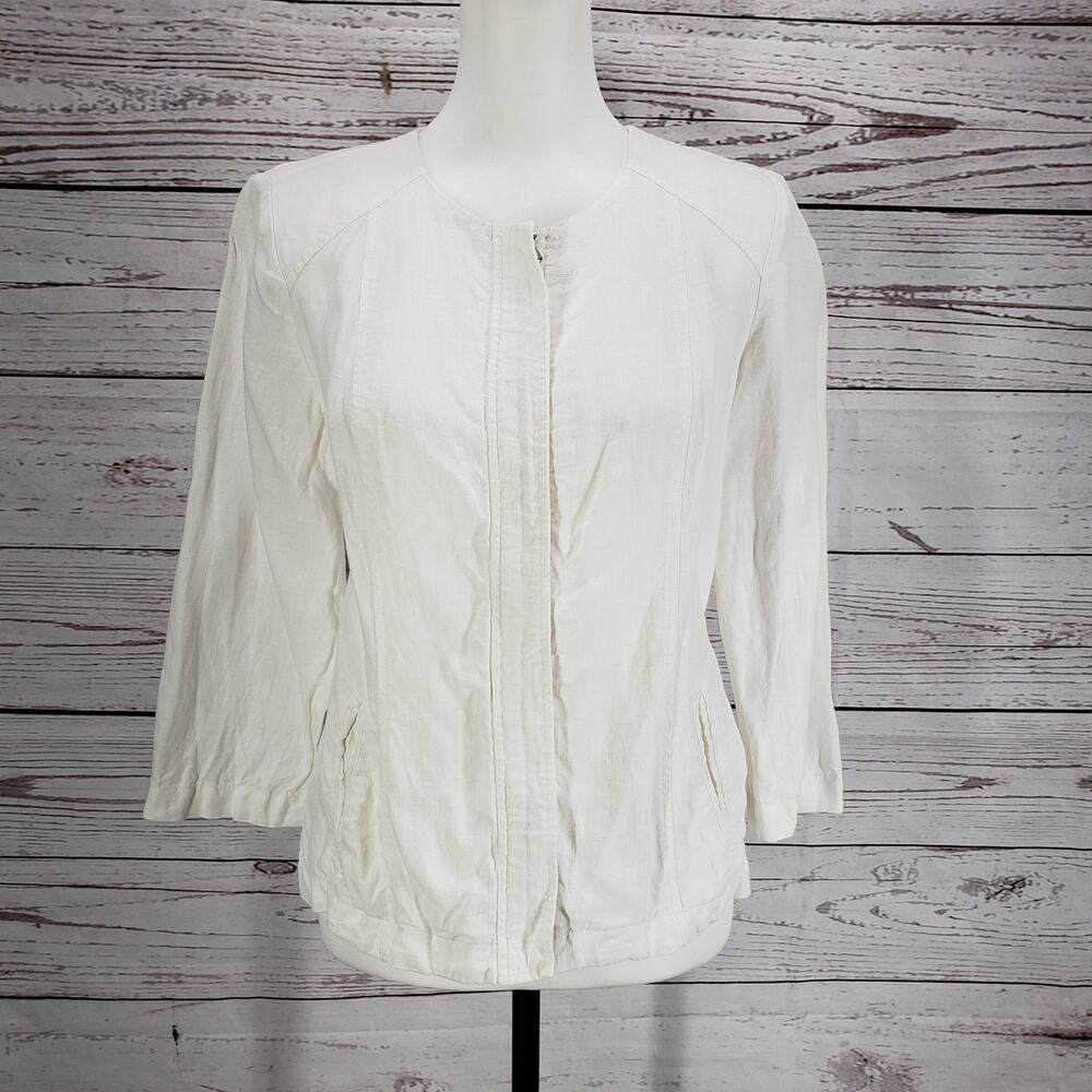 Chico's White 100%Linen Full Zip Front Pockets Long Sleeve Jacket Size 0